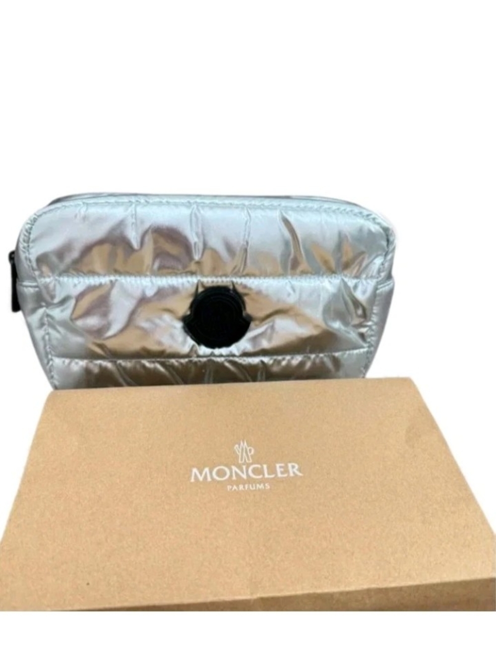 Moncler Silver & Black Logo Quilted Puffer Cosmetic Bag New - Picture 2 of 3